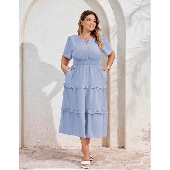 Women's Plus Size Summer Casual Dress V Neck Tiered Pockets Flowy - Picture 4 of 7